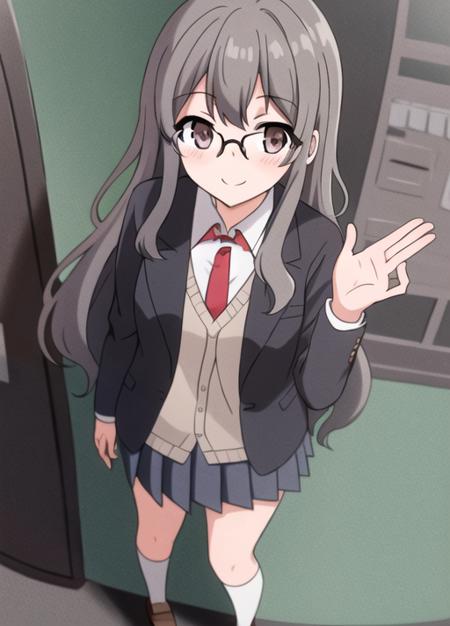 <lora:futaba:0.6>,futaba rio, (glasses),gray hair,highres,(masterpiece_1.0),(best quality_1.0),standing, school uniform, white background, looking at viewer ,smiling,legs,(full body),perspective from front