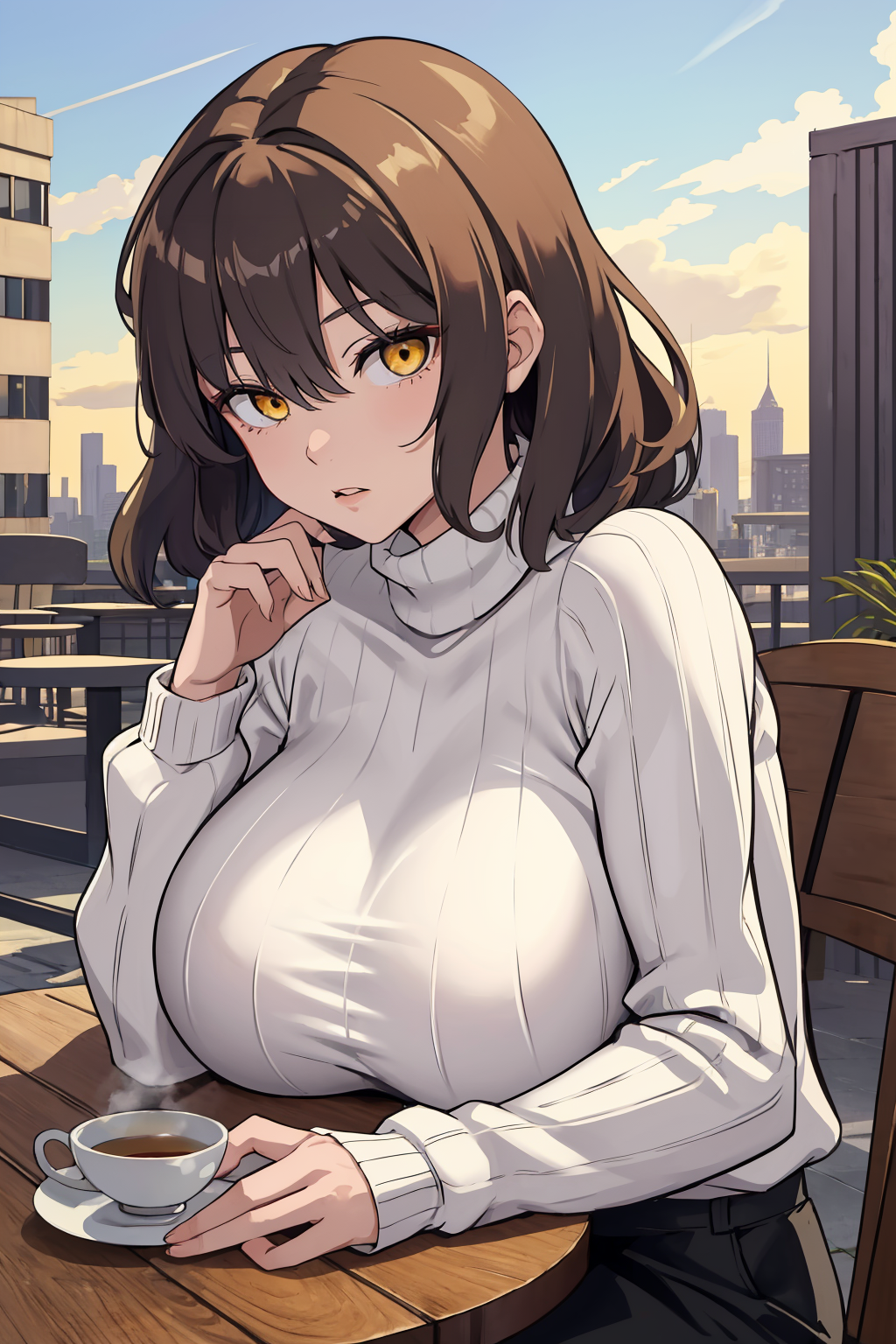 masterpiece, best quality, 1girl, solo, <lora:anis-nikke-richy-v2:1> anisrnd, yellow eyes, casual, turtleneck sweater, hug...