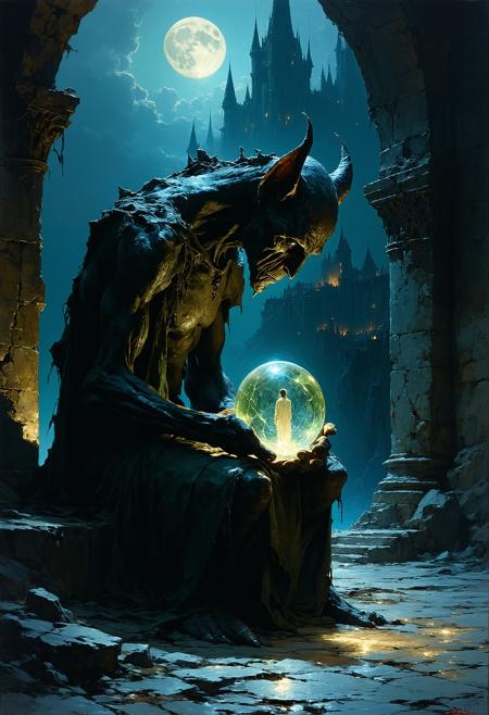 Painterly dark fantasy illustration, style of Brom and Zdzisław Beksiński. Medium close-up: Ancient stone gargoyle, hunched posture, gazes intently into a luminous crystal orb glowing with cool white light. Within the orb, a sharp, miniature vision: an unaware human on a mundane street. Dramatic moonlight casts stark highlights on weathered, moss-flecked stone, contrasting deep abyssal shadows. Visible, textured brushstrokes. Swirling nocturnal mist obscures the distant city. Atmosphere of intense concentration, arcane observation, eerie stillness.