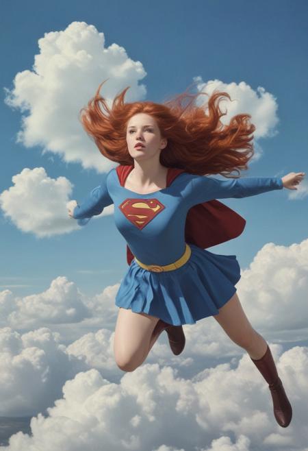 Surrealism, 1960's redhead woman as Supergirl, long hair, superman uniform, blue uniform, flying, sky, clouds
