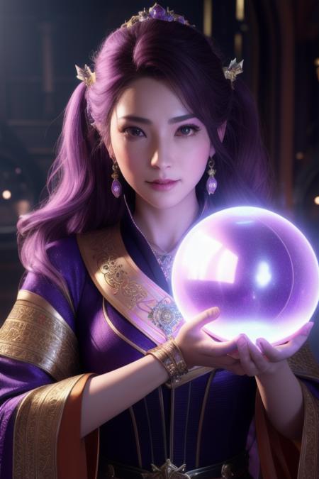 enchanted woman looking at highcamera angle 8k image, sharp, sharp focus, insanely detailed, vibrant, Octane render, epic scene, 8K, hyperrealism, symmetrical, character design, octane render, hyper detailed, volumetric lighting, hdr, realistic soft skin, vibrant, photorealism, inside a purple electric plasma ball, sweet facial expression, medieval dressed fortune teller,