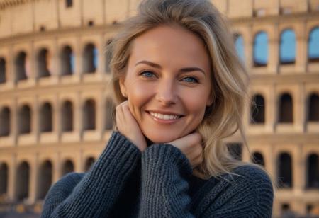 A hyper-detailed, high-resolution (8K) close-up portrait of a 40-year-old woman with sleek blonde hair tied back, wearing an oversized detailed charcoal gray knit sweater. Her striking blue eyes gleam with warmth, framed by delicate laugh lines that enhance her inviting charm. Subtle wrinkles on her face, natural skin texture, detailed natural skin. Her face is brightly lit by soft, diffused daylight, highlighting every subtle texture. She is facing the camera directly with her hands gently cupping her face. The background shows the Colosseum in Rome, bathed in warm, late afternoon light.