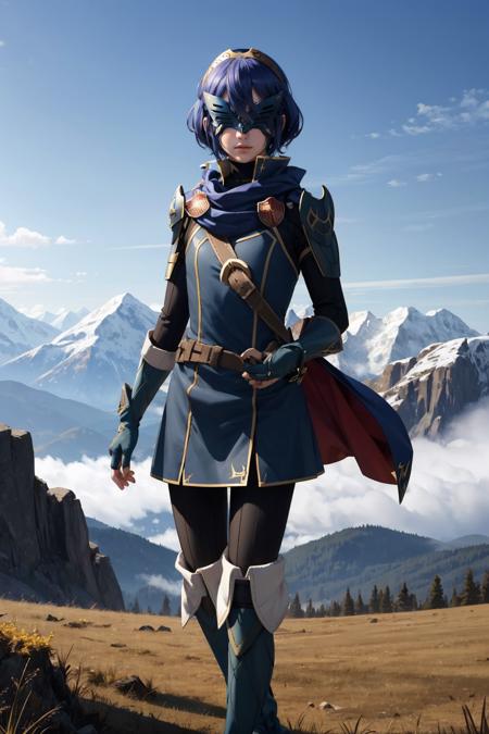 masterpiece, best quality,  <lora:lucina-nvwls-v1-000008:0.9> defLucy, tiara, cape, blue scarf, blue coat, shoulder armor, long sleeves, cuffs, belt, fingerless gloves, black pantyhose, thigh boots, covered eyes, mask, short hair, standing, field, mountains, wide shot, dynamic pose