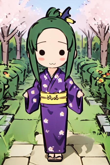 Churuya, long hair, solid circle eyes, chibi kimono, folded ponytail kita high school uniform :3 nyoron pose