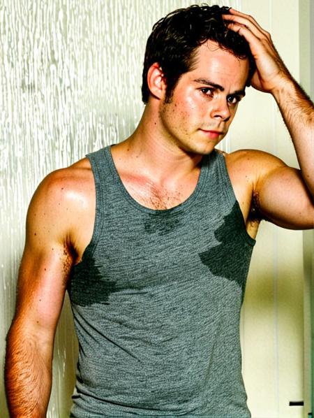 Dylan O'Brien a man <lora:Dylan-O-Brien:0.8>, Is wearing a gray tank top with sweat and black shorts. standing with his hands over his face as if he is in pain or discomfort. The background is lush bright bathroom in white which contrasts with the man's dark clothing and adds to the starkness of the image. body is muscular, rugged appearance, high-res, best quality, s3t on armpit chest and belly, medium full body shot, 8k uhd, dslr, soft light, high quality, Fujifilm XT3
<lora:sweaty_shirt_v5-28-B1-Rescale:1>