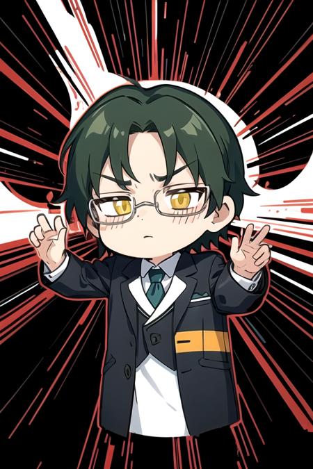 <lora:Keito-07:0.7> , keitoes, long sleeves, chibi, glowing, formal, suit, black background, emphasis lines, adjusting eyewear, opaque glasses