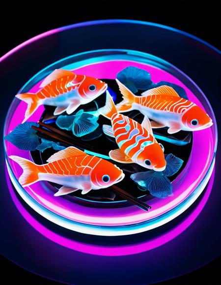 A futuristic sushi platter with glowing neon fish, served on a holographic plate.