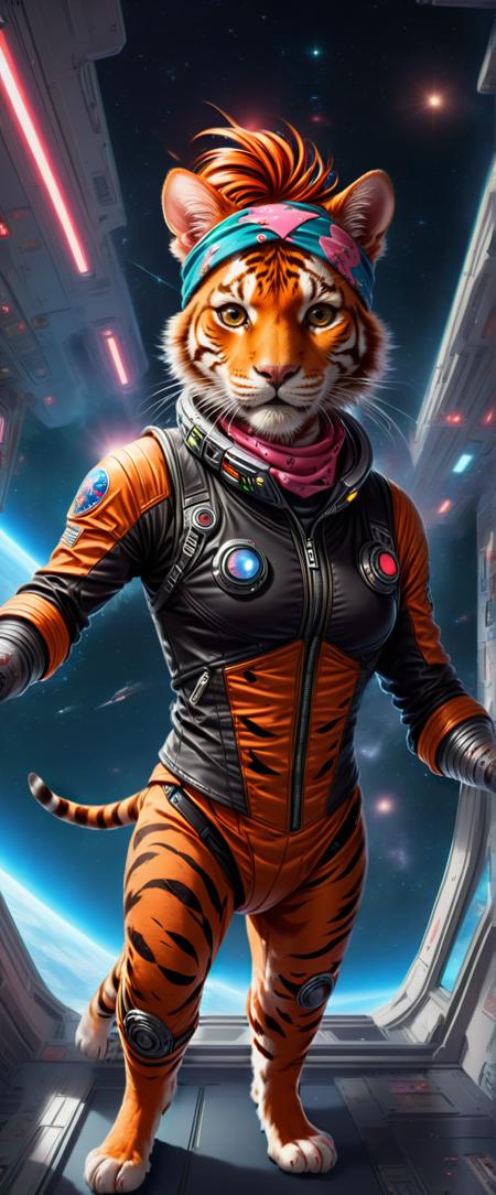 [:(23-year-old Medieval anthropomorphic Bengal Tiger wearing(Edgy undercut hairstyle with a punk rock bandana):2], [(tense battle in a zero-gravity spaceship, where combatants float and spin through the cabin while exchanging laser fire:1.3)], anime, cinematic, 4k, UHD, <lora:SDXLFaeTastic2400:0.8> faetastic