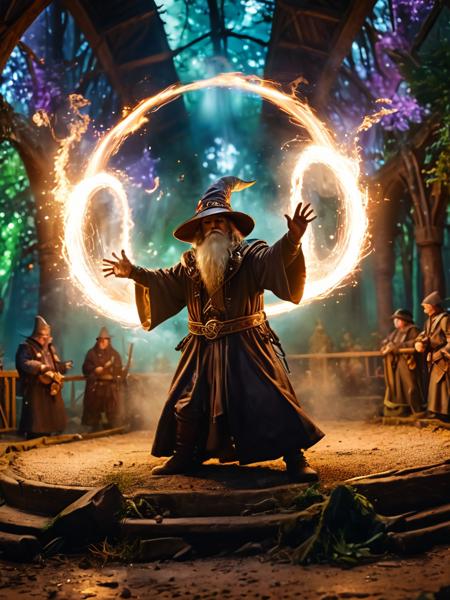 (Within the shimmering confines of a Magical arena, Wizards duel, their spells colliding in a spectacle of light and power, as arcane energies crackle in the air), ([Mythopunk|Forestpunk]:1.3), EPIC, (Use Dream Diffusion Secret Prompt), UHD
