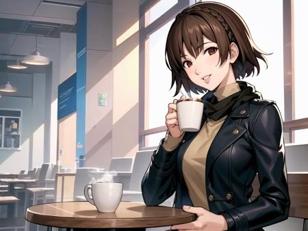 masterpiece, best quality, highres, extremely detailed CG unity 8k wallpaper,
illustration of dsmakoto, 1girl, solo focus, short hair, crown braid, jacket, scarf, turtleneck, smiling, parted lips, sitting in a booth, holding coffee cup on table, cafe interior, detailed background
<lora:dsmakoto_e3:0.75>