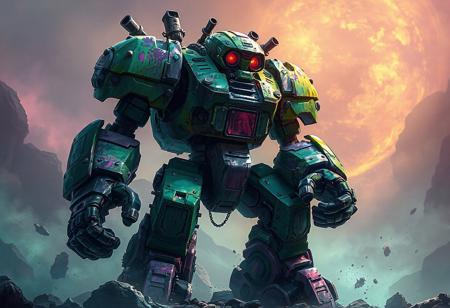 A fullbody view of a Scrap Golem robot on a Jelly Hole background, featuring a green and purple color scheme. The robot, resembling an overlord, has a rugged male ranger appearance with splattered tar and clenched fist. Turrets are visible, and the robot is insanely integrated. An official details photo, it's an editor's pickup with a colt. The image is high-resolution, 4K, and exceptionally detailed, with vivid emotions, captivating lighting, and a powerful message. It boasts impeccable composition, stunning colors, and a harmonious blend of multi-colored tones. The artwork is highly detailed, with sharp lines, brush strokes, and beautiful matte painting, reflecting a contemporary aesthetic. The image is a perfect blend of real-life and hyper-detailed elements, making it elegant and photorealistic. The artistic style is reminiscent of artgerm, greg rutkowski, and alphonse mucha, with a golden ratio design and cinematic lighting. The artwork is suitable for use as concept art, with a 16k resolution.