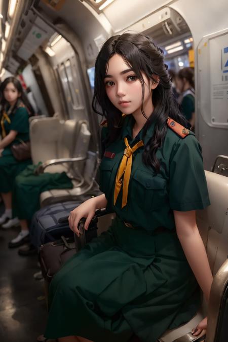 portrait of a breathtaking girl with (deep-set eyes:1.2), (high cheekbones:1.1), and (full eyebrows:1.1) sitting in a metro carriage. The lighting is dark and moody, with a spotlight casting a dramatic light on the girl's face, creating deep shadows and highlights. The girl is wearing thai_girlscout_uniform, and her (black hair:1.2) is styled in loose waves. She is gazing out of the window with a (wistful:1.2) expression on her face, lost in thought. The background is blurred out to emphasize the focus on the girl.

<lora:epiNoiseoffset_v2:1>,<lora:THgirlscout_v6-000007:0.8.5>,