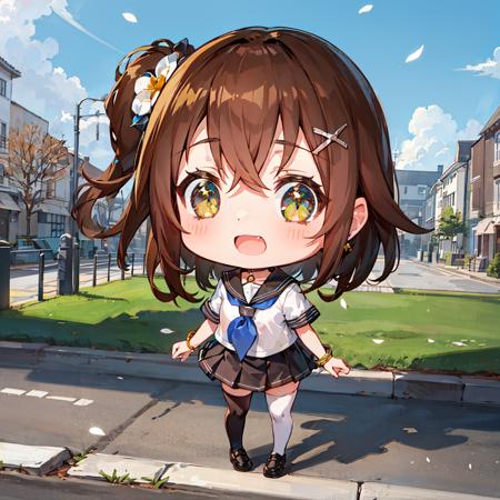 reina hidaka \(denonbu\), (best quality, 8K, masterpiece, ultra detailed:1.2), (chibi:1.5),
1girl, solo, shiny skin, shadow, cinematic lighting, detailed background, wide shot, full dody, detailed beautiful eyes, shoes,
clear sky, blue sky, day, dappled sunlight, wind, outdoors,
street, petals,
seductive smile, standing,
school uniform, pleated skirt, shirt, serafuku, sailor collar, collarbone, earrings, bracelet, hair flower, neckerchief, wedding ring, black thighhighs, ribbon, hair ornament,