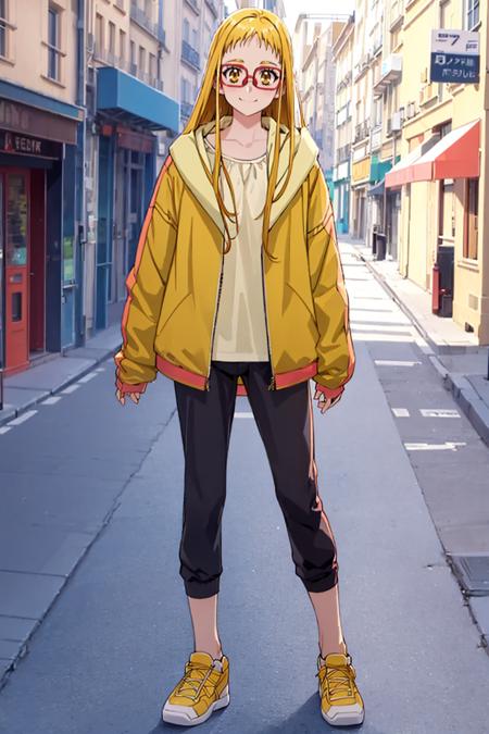 <lora:urara_otona:0.6> urara_otona, yellow jacket, yellow shirt, glasses, capri pants, yellow sneakers, photoreal background, in Paris street solo, standing, full body, smile, solo