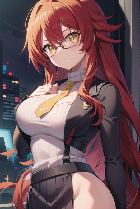 yokolittner, <lora:yokolittnertest:1>,
yoko littner, alternate hairstyle, glasses, hair down, (large breasts:1.2), long hair, red hair, (yellow eyes:1.5),
BREAK long skirt, necktie, ribbed sweater, side slit, skirt, sweater, teacher, white sweater,
BREAK looking at viewer,
BREAK outdoors, city,
BREAK <lora:GoodHands-vanilla:1>, (masterpiece:1.2), best quality, high resolution, unity 8k wallpaper, (illustration:0.8), (beautiful detailed eyes:1.6), extremely detailed face, perfect lighting, extremely detailed CG, (perfect hands, perfect anatomy),