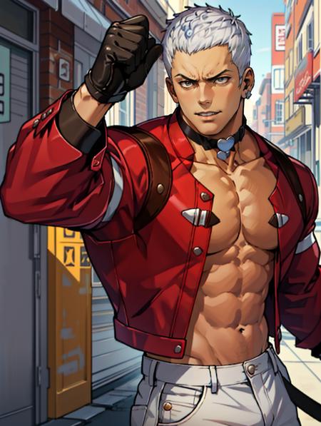 yashiro (kof) white hair heart choker red jacket open clothes