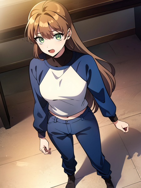 ChopioChaeNayun, 1girl, solo, ahoge, black footwear, blue pants, boots, brown hair, drawing bow, green eyes, long hair, long sleeves, open mouth, fang, pants, standing, sweatdrop, full body, medium breasts, BREAK looking at viewer, full body, BREAK indoors, classroom, school, BREAK (masterpiece:1.2), best quality, high resolution, unity 8k wallpaper, (illustration:0.8), (beautiful detailed eyes:1.6), extremely detailed face, perfect lighting, extremely detailed CG, (perfect hands, perfect anatomy)