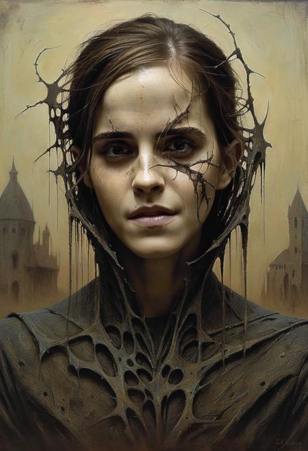 medium shot, portrait painting  , dystopian surrealism, Gothic deathly Decay nightmare ,nightmarish, facing camera, emma Watson woman,  dynamic pose,  in a "Zdzislaw beksinski" style painting <lora:EmmaWatsonFace2012-2017_resolution2048_v1.0:0.9>
