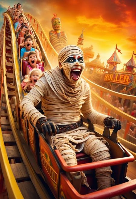 A hilarious and playful scene of an ((ancient mummy)) enjoying a thrilling roller coaster ride. The mummy, wrapped in tattered bandages, is shown grinning and holding on for dear life. The roller coaster is bright and colorful, with twisting tracks and loops that create a sense of excitement. The background shows a bustling amusement park, filled with screaming riders and various attractions, giving off an eerie yet entertaining atmosphere.