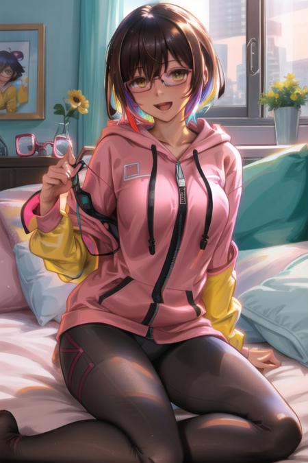 <lora:Liang_Xing:.6>, Liang Xing, masterpiece, best quality, 1girl, virtual youtuber, brown hair, solo, mechanical arms, glasses, pink hoodie, hood, yellow eyes, looking at viewer, mechanical legs, breasts, short hair, hoodie, smile, hair between eyes, adjusting eyewear, open mouth, black-framed eyewear, android, sitting, bangs, indoors, sunlight, multicolored hair, shirt, hood down, short sleeves, collarbone, on bed, medium breasts, pillow, pink shirt