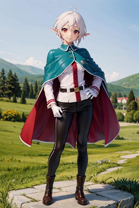 <lora:sylphietteV2-000005:0.9>,
school outdoors,hand on hip,smile,
sylphiettelp,pointy ears,short hair,white hair,forehead,ahoge,red eyes,solo,
green collared capelet,green cape under capelet,white red shirt under cape,long sleeves,black belt,black pants,brown boots,white gloves,, masterpiece,best quality,ultra detailed,high quality,illustration,perfect anatomy,looking at viewer,<lora:æåPVCmerdV1:1>,outdoors, detailed background,