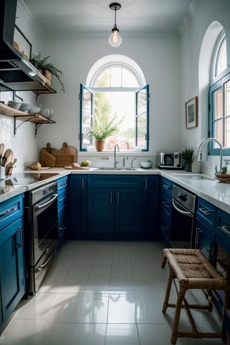 interior photography, santoriniiterior, kitchen, coffee cup, mediteranian, details, yellow light, lamp, white wall, blue paint, dawn, painting, flower, mirror, <lora:ARWSantoriniInterior:1>