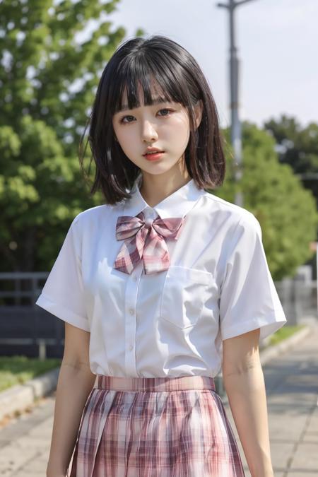 best quality, jk, 1girl, solo, looking at viewer, medium hair,  black hair,  closed mouth,  standing,  white shirt, outdoors,  lips, pink skirt,  pink bowtie, upper body,   <lora:jk_v2:0.7>