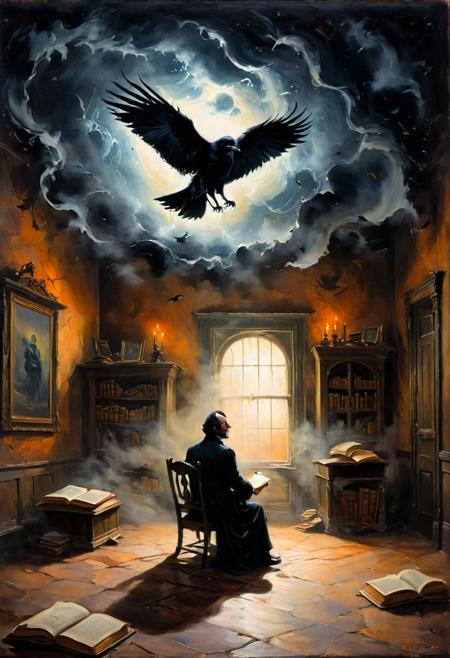 A hauntingly beautiful oil painting capturing the essence of Edgar Allan Poe's "The Raven." The canvas depicts a dimly lit room where a lone figure sits, immersed in the pages of the book, while a spectral raven looms overhead. Shadows dance across the walls, and the air is thick with a sense of foreboding. The painting evokes the eerie atmosphere of Poe's tale, with rich colors and intricate details that draw the viewer into its macabre world