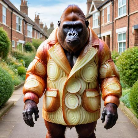 masterpiece, best quality, gorilla wearing onionstyle coat, outdoor, UK residential street <lora:onionstyle:0.7>