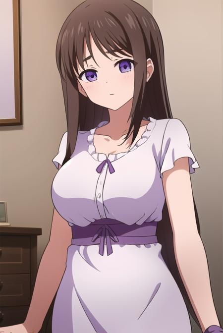 marina akizuki, long hair, brown hair, (purple eyes:1.1), dress, ribbon, collarbone, short sleeves, white dress,