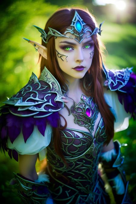 beautiful NightElf 1girl in armor with a diadem, outdoor photography