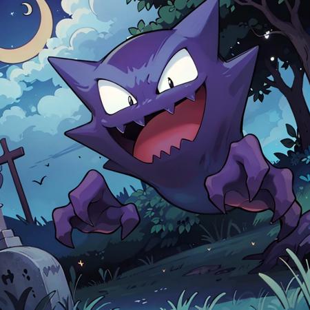 ((masterpiece,best quality)), 
<lora:Haunter_Pokemon_Anime:0.9>, Haunter_Pokemon, floating,  no humans, pokemon \(creature\),
solo, smiling, looking at viewer,
graveyard, crescent moon,
cinematic composition,