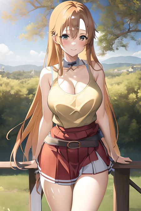 ((masterpiece)), ((best quality)), (slender_body:1.1), (wide_hips:1.2), (narrow_waist:1.2),
Asuna Yuuki, 1girl,  breasts, cleavage,  huge breasts, large breasts,  long hair, midriff, navel, outdoors, large boobs, orange hair, long hair, skirt, miniskirt, microskirt, nice ass, big boobs, realistic, ultra realistic, hyper realistic, real life, highly detailed, focused,
 <lora:downblouse-v1:0.6>  <lora:microskirt_v0.2:0.6> <lora:Asuna Yuuki 2:1>