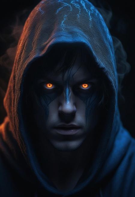 Dark Fantasy Concept Art. Close-up portrait. 23-year-old boy engulfed in dark power, wearing a hooded robe, bright blue eyes, intensely angry. Macro. High-contrast matte painting with intricate textures and deep color. Bright blue eyes gleaming against dark wisps of smoke and neon magical runes. Dark, rugged, stone-like shadows consuming the boy's body. Complementary colors of fiery orange and indigo, backlit by an eerie blue glow. Highly detailed, fantasy concept art, Unreal Engine 5 quality, Artstation trending style, 8k resolution, cinematic lighting, best quality, incredibly detailed, visually striking, surreal, immersive, extrmeley detailed supervillian