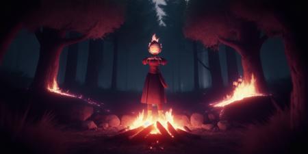 <lora:15MovingMeditations:1>meditation scene: a person standing in front of a fire in a forest
