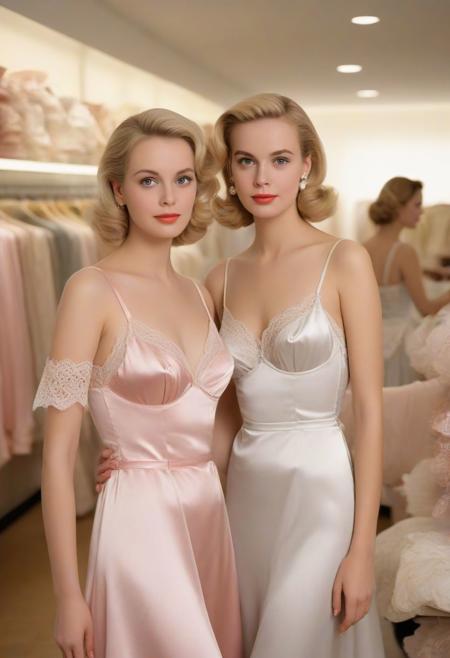 score_9, score_8_up, score_7_up, hyperrealistic, analog photo, very realistic, 1945 Tippi Hedren and Grace Kelly, pretty blond, slim, slender, wearing pastel satin nightie with spaghetti straps and lace trim, blond, standing in a busy lingerie store surrounded by pretty friends wearing pretty silk and satin slips and nighties and lingerie, happy and delighted to be selling pretty satin lingerie, in love with satin lingerie