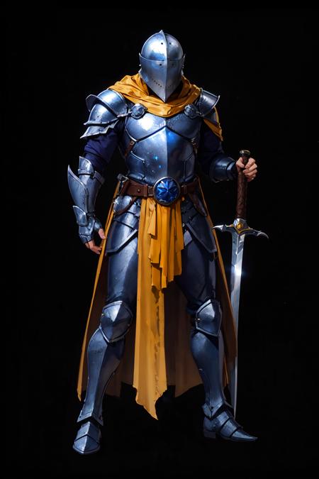 knight, silver armor, helmet, sword, belt, yellow cape, full body <lora:sxz-concept:0.7>