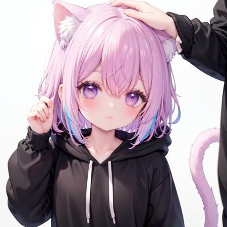 1girl,animal ears,tail,purple eyes,multicolored hair,cat ears,cat tail,hood,blush,white background,animal ear fluff,pink hair,cat girl,solo focus,long sleeves,simple background,bangs,looking at viewer,upper body,hair between eyes,purple hair,black hoodie,hoodie,closed mouth,hood down,drawstring,1other,streaked hair,collarbone,headpat,gradient hair,extra ears,medium hair,out of frame,puffy sleeves,tail raised,