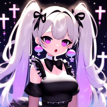 masterpiece, best quality, 1girl, gothic, black lips, solo, black hair, makeup, twin tails, hair buns, multicolored hair, white hair, bangs, eyeshadow, cross, hair bow, bow, lipstick, two-tone hair, fishnets, mascara,  hair ornament, (Genshin Impact)