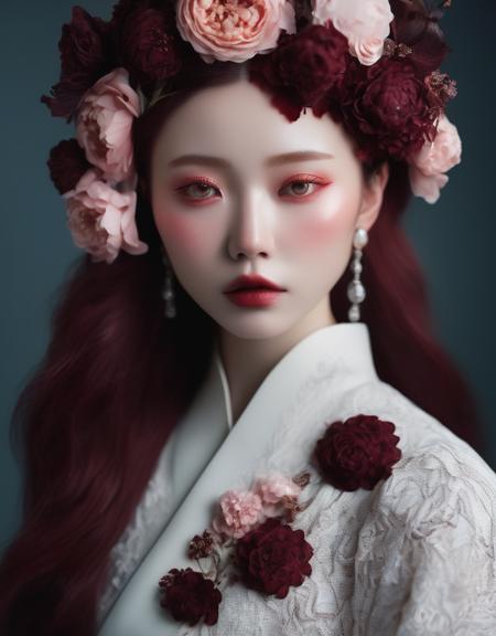 a commercial photo portrait of instagram model, the Ethereal Portraits, fashionable 2020's Japanese girl, detailed skin texture, 16yo girl, hyper real photo, , Albinism and Heterochromia by Bella Kotak, girly portrait in studio shoots, Albina Albina, Feminine portrait, bust-up shot, intricate fantasy dress,
taken by professional studio lighting, 150mm lens, PhaseOne, digital backs, medium format,
, 150mm portrait, photography, photo taken with a Hasselblad H4D, taken with PhaseOne IQ180, IQ160, IQ140, P65+, P45+, "digital back", extremely detailed, Leaf Aptus, perfect skin, detailed skin, hyper reality, perfect face,
(Oxblood:1.6) hair, (Oxblood:1.6) background, dress head completely covered with (Oxblood:1.6) flowers, (Oxblood:1.6) color filter,