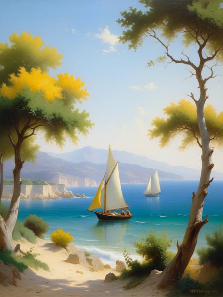 <lora:05ClassicalArt_Hap_XL:1>, William-Adolphe Bouguereau style, oil painting, landscape, seaside, ocean, sailboats, trees, vibrant colors, romanticism oil painting, blue water, coastal, Mediterranean, sunny, scenic, natural beauty, yellow, green, brushstrokes, horizon, sky, artistic, serene,