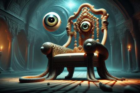 "A throne built of thousands of blinking eyeballs, gothic horror throne room, candlelight and shadows, medieval fantasy setting, extreme detail, 8K texture quality"
"A snake with eyeballs along its scales instead of traditional pattern, golden hour lighting, detailed, photoreal 4K render"
"A swirling vortex of eyeballs forming a portal, dark magic energy swirling around, ominous tone, dark fantasy, ultra high-res concept art"