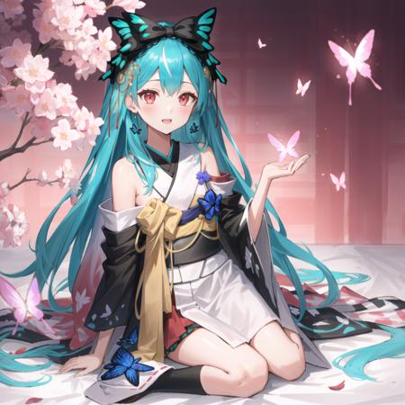 <lora:furisoderushialast:1>,  furisoderushia, gradient hair, multicolored hair,  aqua hair, pink hair, long hair, red eyes, two-tone hair, kimono, butterfly hair ornament, detached sleeves, obi, hair bow, off-shoulder, full body,