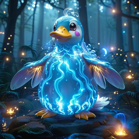 A serene Psyduck (Pokémon creature) glowing with soft, bioluminescent light, its body composed of translucent, shimmering energy. Ethereal blue and silver feathers ripple like liquid starlight, while its black eyes reflect a cosmic depth. Standing solo in a luminescent forest, the air swirls with glowing mist and floating orbs of light. Its arms are raised gently to its head, emanating a quiet, mystical aura. The background pulses with faint iridescent hues—blues, purples, and golds—casting an otherworldly glow. No humans, full-body focus, closed mouth, gazing at the viewer with tranquil elegance. A vision of luminous grace, where magic lingers in every radiant detail.