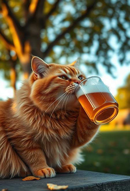 Fat chubby ginger cat drinking beer in park, dynamic angle, warm hues, realistic, photorealism, hd, 8k, high definition, BREAK, score_9, score_8_up, score_7_up, score_6_up