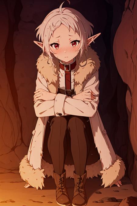 <lora:sylphietteV2-000005:0.9>,nose blush,shy,cave,wet clothes,( wet:1.3),
sylphiettedy,pointy ears,short hair,white hair,forehead,ahoge,red eyes,crossed arms,
fur trim brown long coat,red choker,white red shirt under coat,white red shirt under coat,black pants,brown boots,, Exquisite visuals, high-definition,masterpiece,best quality,Exquisite visuals,high-definition,masterpiece,best quality,18yo,Young female,Beautiful Fingers,Beautiful long legs,Beautiful body,Beautiful character design,