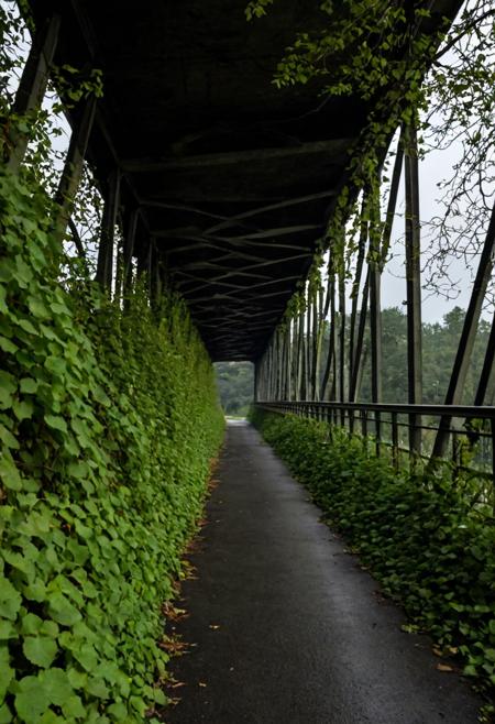 overgrown overpass road bridge, vines, dark shadows, cloudy day,