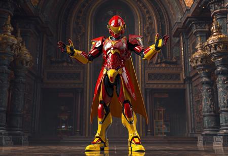 "A high-detail concept art scene featuring a Cyborg Doctor standing confidently against the Zaralaam the Dark Palace background. The Cyborg Doctor is a vibrant mix of red and yellow, with a red helmet featuring a yellow visor. The body is predominantly red, adorned with yellow accents, while the arms and legs are bright yellow, matching the visor. The Cyborg Doctor's arms are outstretched, and its legs are slightly spread, conveying readiness and dynamism. The composition is minimalist, with the Cyborg Doctor as the focal point, drawing the viewer's attention. Rendered in hyper-realistic 3D with Octane Render, the scene showcases lifelike details, sharp lines, and stunning colors. Inspired by contemporary aesthetics and Grammer Effect Style, the image conveys vivid emotions and a powerful message. Trending on ArtStation, 4K, ultra-detailed, and impeccably composed."