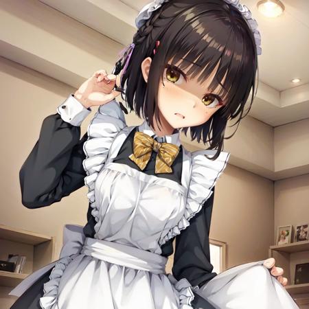 solo, Natsume, black hair, yellow eyes, (bun cover:1.1), mole under eye, maid, maid apron, striped bowtie, shaded face, disgust, looking at viewer, hairclip, long sleeves