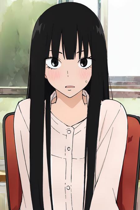 ((best quality)),((highly detailed)),masterpiece,absurdres,detailed face,beautiful face,((detailed eyes, deep eyes)),(1girl),((dynamic pose)), <lora:SawakoV1:0.9>sawako, 1girl, black hair, solo, long hair, bangs, black eyes, blunt bangs, blush, looking at viewer, open mouth, shirt, hime cut, upper body, indoors, chair, classroom, desk, parted lips